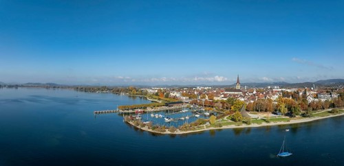 Aerial view, panorama of the town of Radolfzell on Lake Constance with the Wäschbruckhafen, harbour