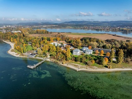 Aerial view of the Mettnau peninsula, surrounded by autumn vegetation, in western Lake Constance
