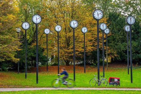 The art installation Zeitfeld in Volksgarten Park in Düsseldorf-Oberbilk, a total of 24 station