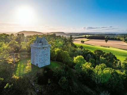 Fatlips Castle from a drone, Minto Crags, River Teviot, Roxburghshire, Scottish Borders, Scotland,