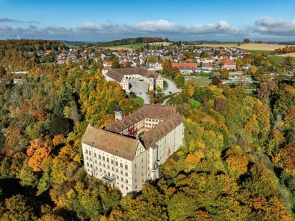 Aerial view of Heiligenberg Castle, a Renaissance-style palace complex, Tübingen administrative