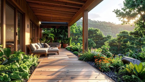 An eco-friendly porch designed for sustainable living in an environmentally-conscious home, lush
