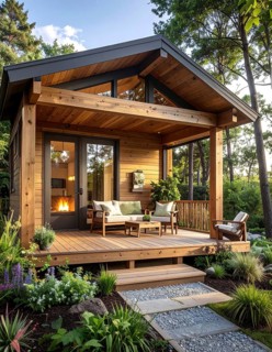 An eco-friendly porch designed for sustainable living in an environmentally-conscious home, lush