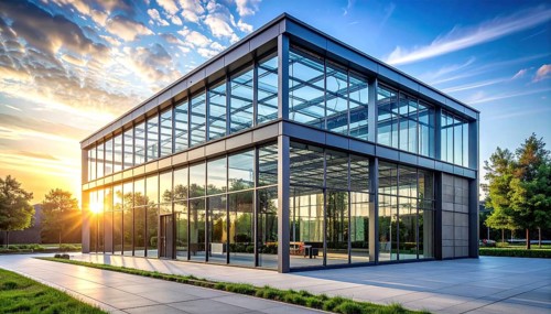 Modern architectural framework with glass and steel structure, glass facade with a greed of steel
