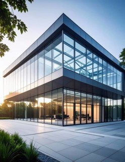 Modern architectural framework with glass and steel structure, glass facade with a greed of steel