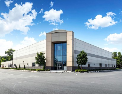 Modern supermarket building exterior against blue sky, Inviting white facade, some clouds, concept