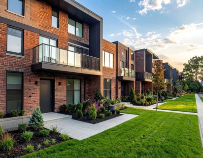 Modern apartment building with balconies and well-kept landscaping at sunset, Modern multifamily