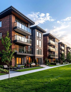 Modern apartment building with balconies and well-kept landscaping at sunset, Modern multifamily