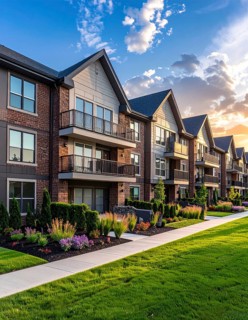 Modern apartment building with balconies and well-kept landscaping at sunset, Modern multifamily