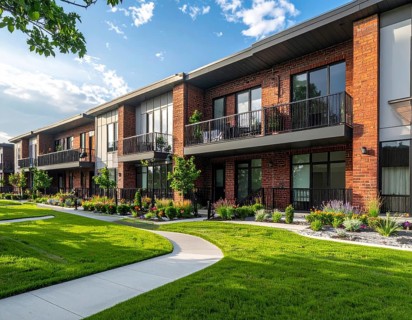 Modern apartment building with balconies and well-kept landscaping at sunset, Modern multifamily