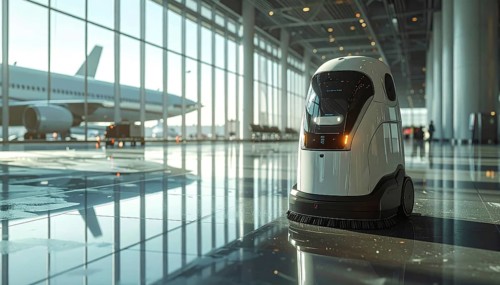 Autonomous cleaning roboter at modern airport terminal, showcasing advanced technology, daylight in