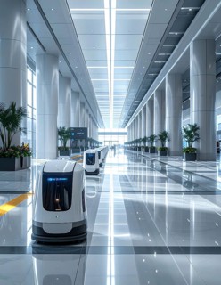Autonomous cleaning roboter at modern airport terminal, showcasing advanced technology, daylight in