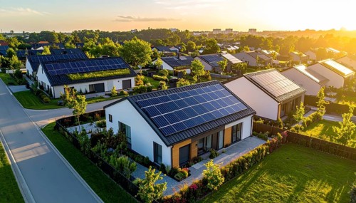 Aerial view showcases modern houses with solar panels and green roofs in a suburban setting,