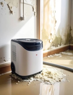 A specialized dehumidifier operates in a mold-infested room following water damage, Shell