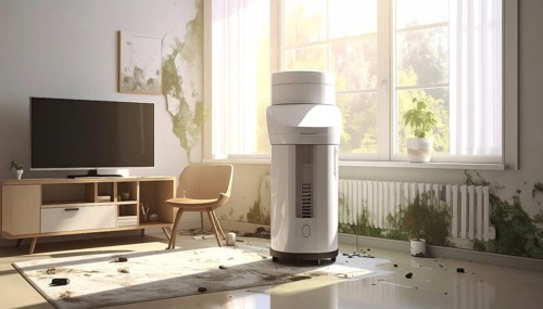 A specialized dehumidifier operates in a mold-infested room following water damage, Shell