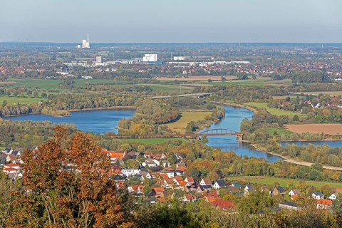 View of Weser and Porta Westfalica from the Kaiser Wilhelm Memorial, North Rhine-Westphalia,