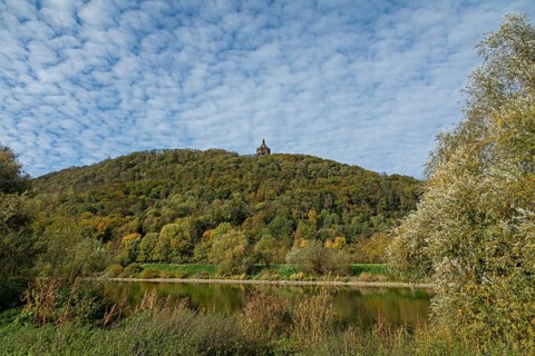 Mountain, forest, Weser, Kaiser-Wilhelm-Denkmal, Porta Westfalica, North Rhine-Westphalia, Germany