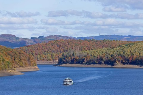 Excursion boat, Biggesee near Sondern, Olpe, Sauerland, North Rhine-Westphalia, Germany