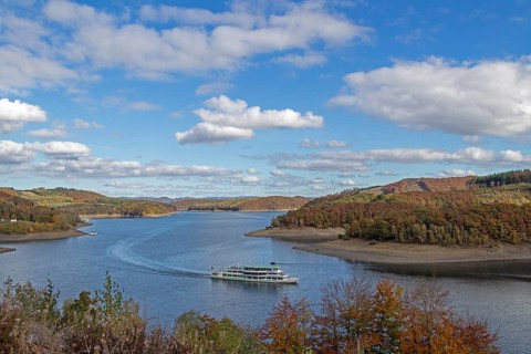 Excursion boat, Biggesee near Sondern, Olpe, Sauerland, North Rhine-Westphalia, Germany