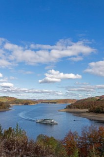Excursion boat, Biggesee near Sondern, Olpe, Sauerland, North Rhine-Westphalia, Germany