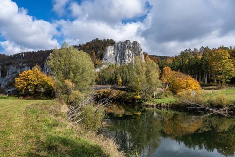 Wooden bridge across the Danube in the Upper Danube Valley, surrounded by autumn vegetation,