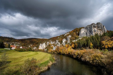 View of the Danube, surrounded by autumn vegetation, on the left the Käppeler estate with the St.