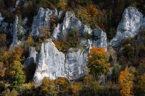 Distinctive Jurassic limestone cliffs in the upper Danube Valley, surrounded by autumn vegetation,