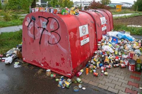 Overfilled can containers, Eckental, Middle Franconia, Bavaria, Germany