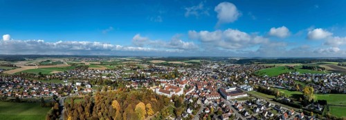 Aerial view, panorama of the city of Messkirch with Messkirch Castle and Castle of the Counts of