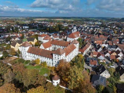 Aerial view of the city of Messkirch with Messkirch Castle and Castle of the Counts of Zimmern,