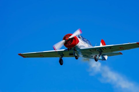 A Jakovlev Jak-52 with registration LY-HLZ during a flight demonstration as part of an air show on