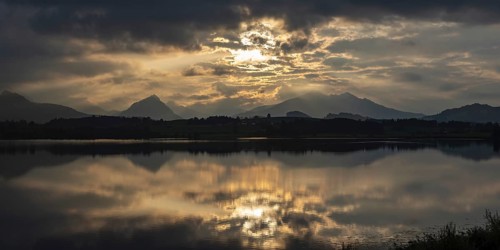 Sunset, Hopfensee, Hopfen am See, near Füssen, Ostallgäu, Allgäu, Bavaria, Germany