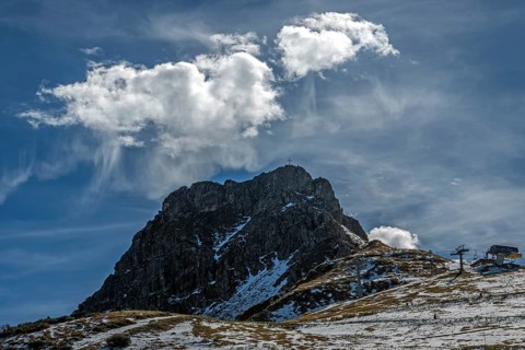 Right pulpit wall, back left mountains of the Allgäu Alps, cloud formation, Vorarlberg, Austria