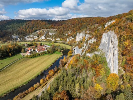 Aerial view of Käppeler Manor with St. George's Basilica near Thiergarten in the Upper Danube