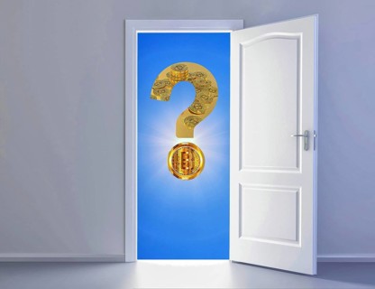 Symbolic image, Bitcoin with question mark, stock prices, uncertain digital currency, resources,