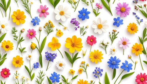Vibrant wildflowers and grass create a colorful and joyful floral pattern, Variety of wild flowers,