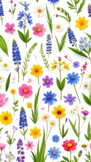 Vibrant wildflowers and grass create a colorful and joyful floral pattern, Variety of wild flowers,