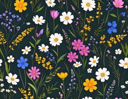 Vibrant wildflowers and grass create a colorful and joyful floral pattern, Variety of wild flowers,