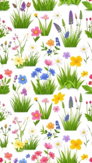 Vibrant wildflowers and grass create a colorful and joyful floral pattern, Variety of wild flowers,