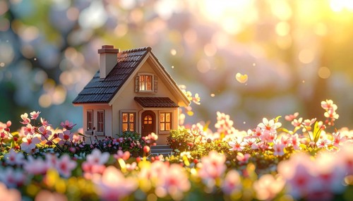 A miniature house surrounded by blooming cherry blossoms and warm sunlight, creating a peaceful and