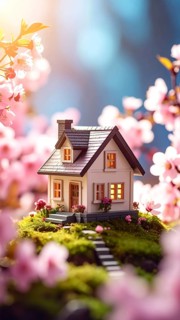 A miniature house surrounded by blooming cherry blossoms and warm sunlight, creating a peaceful and
