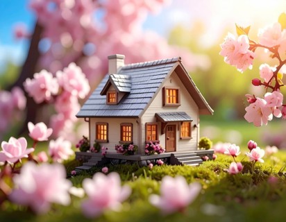 A miniature house surrounded by blooming cherry blossoms and warm sunlight, creating a peaceful and