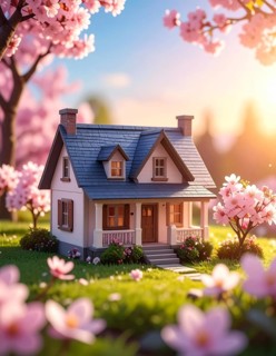 A miniature house surrounded by blooming cherry blossoms and warm sunlight, creating a peaceful and