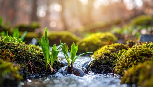 Beautiful spring detailed stream of fresh water, vibrant blooming young green plants, wallpaper