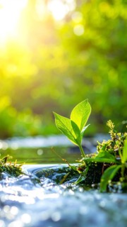 Beautiful spring detailed stream of fresh water, vibrant blooming young green plants, wallpaper