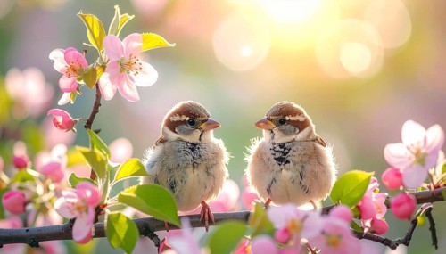 Small funny Sparrow Chicks sit in the garden surrounded by pink Apple blossoms on a Sunny may day,
