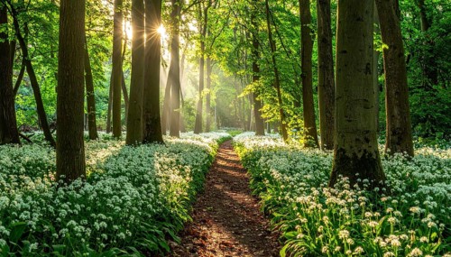 A tranquil forest path lined with white flowers, surrounded by tall trees and bathed in soft
