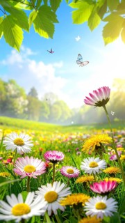 A sunny meadow with daisies in full bloom under bright sunlight, creating a vibrant and cheerful