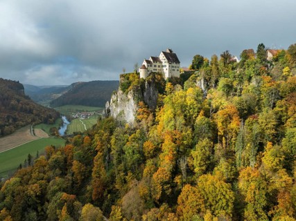 Aerial view of Werenwag Castle and former Werenwag Castle on a rocky spur in the Upper Danube