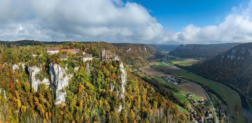Aerial view, panorama of Werenwag castle and former castle on a rocky spur in the upper Danube